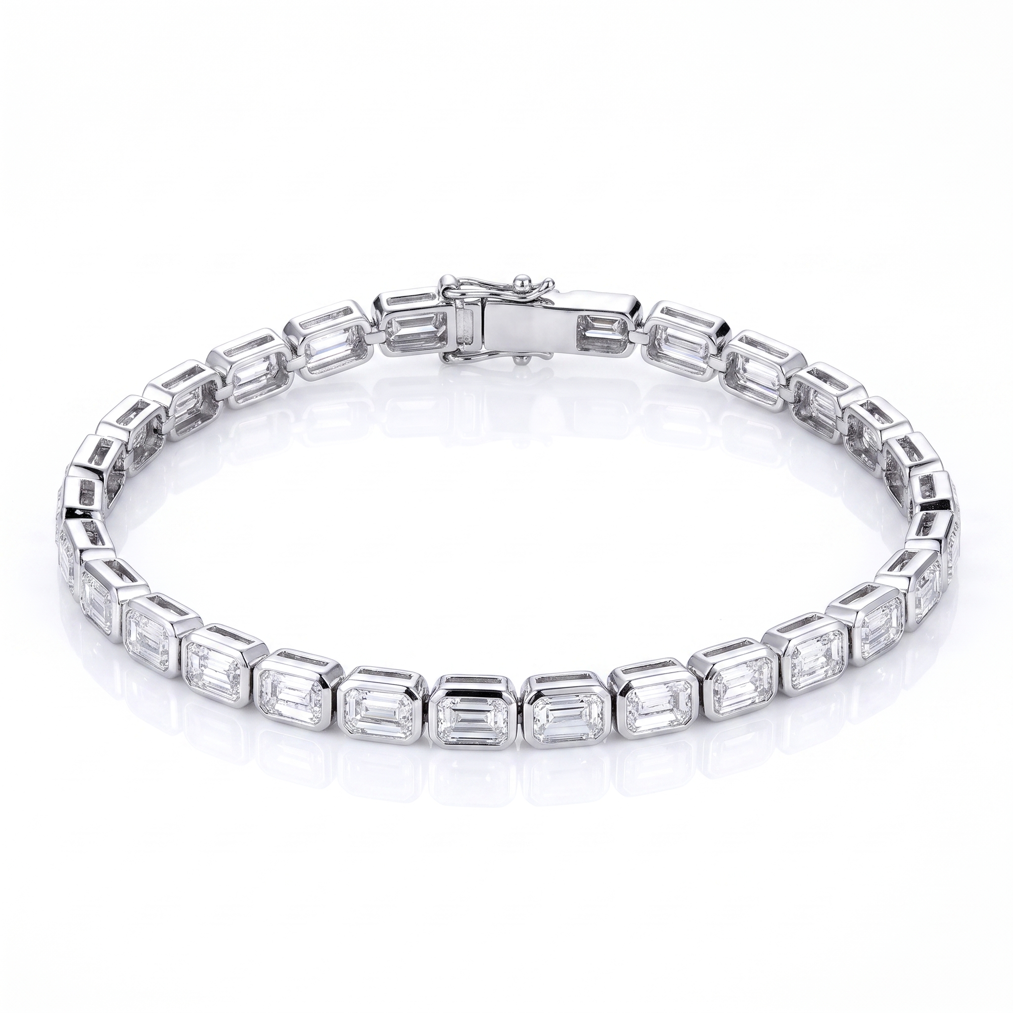 9ct emerald cut lab grown diamond tennis bracelet on white background, 14k white gold bezel