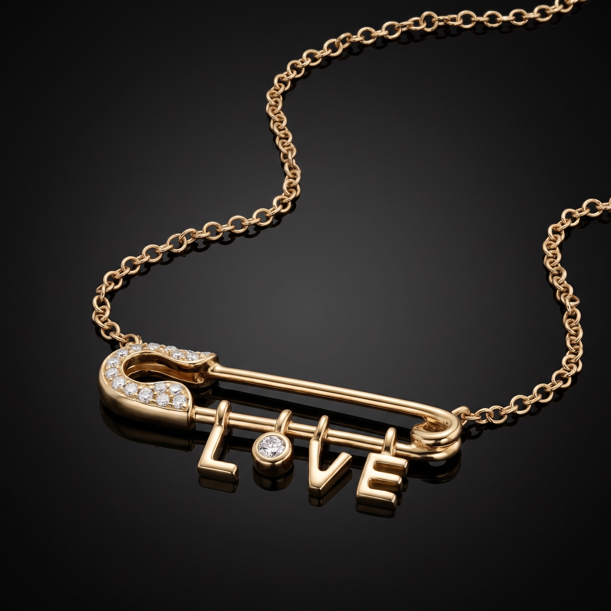 1ct safety pin lab grown diamond necklace, on a black background