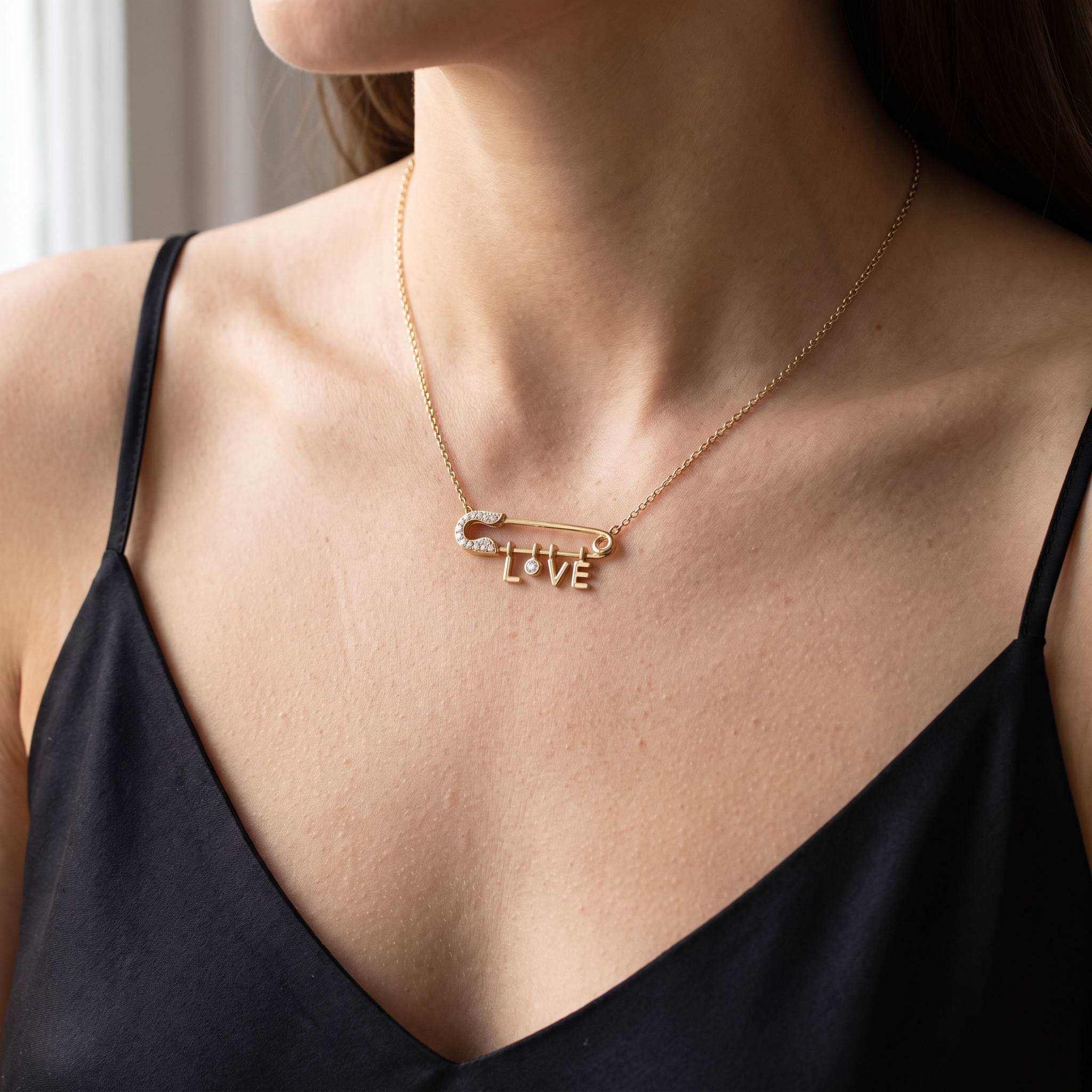 1ct safety pin lab grown diamond necklace shown worn