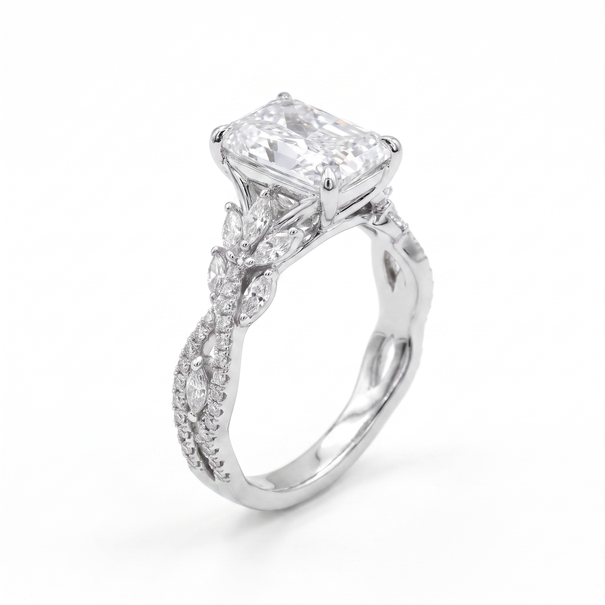 3ct radiant twisted vine lab grown diamond engagement ring close up, white gold, white background