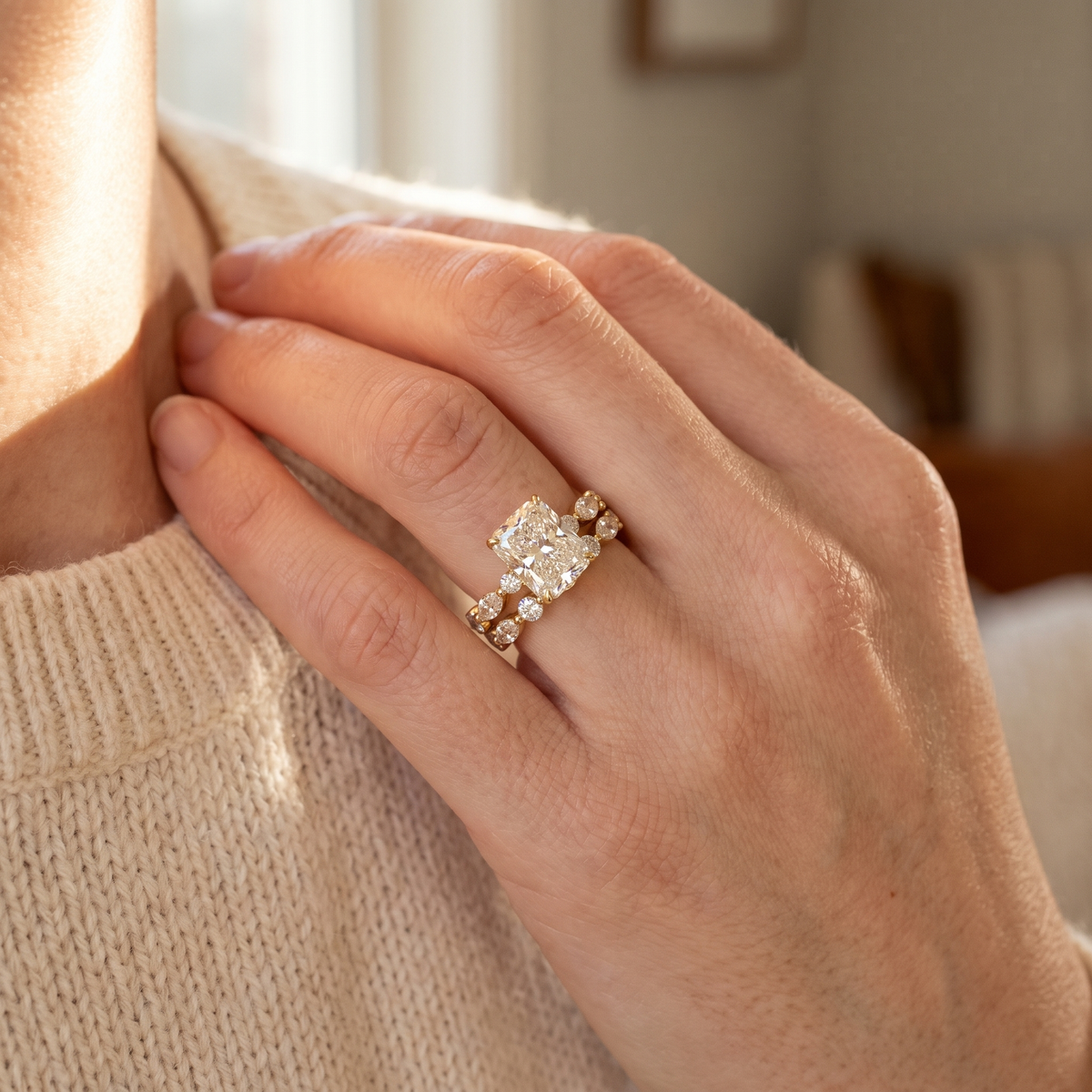 3ct square radiant lab grown diamond bridal set worn on the hand, ring and band stacked flush, lifestyle view