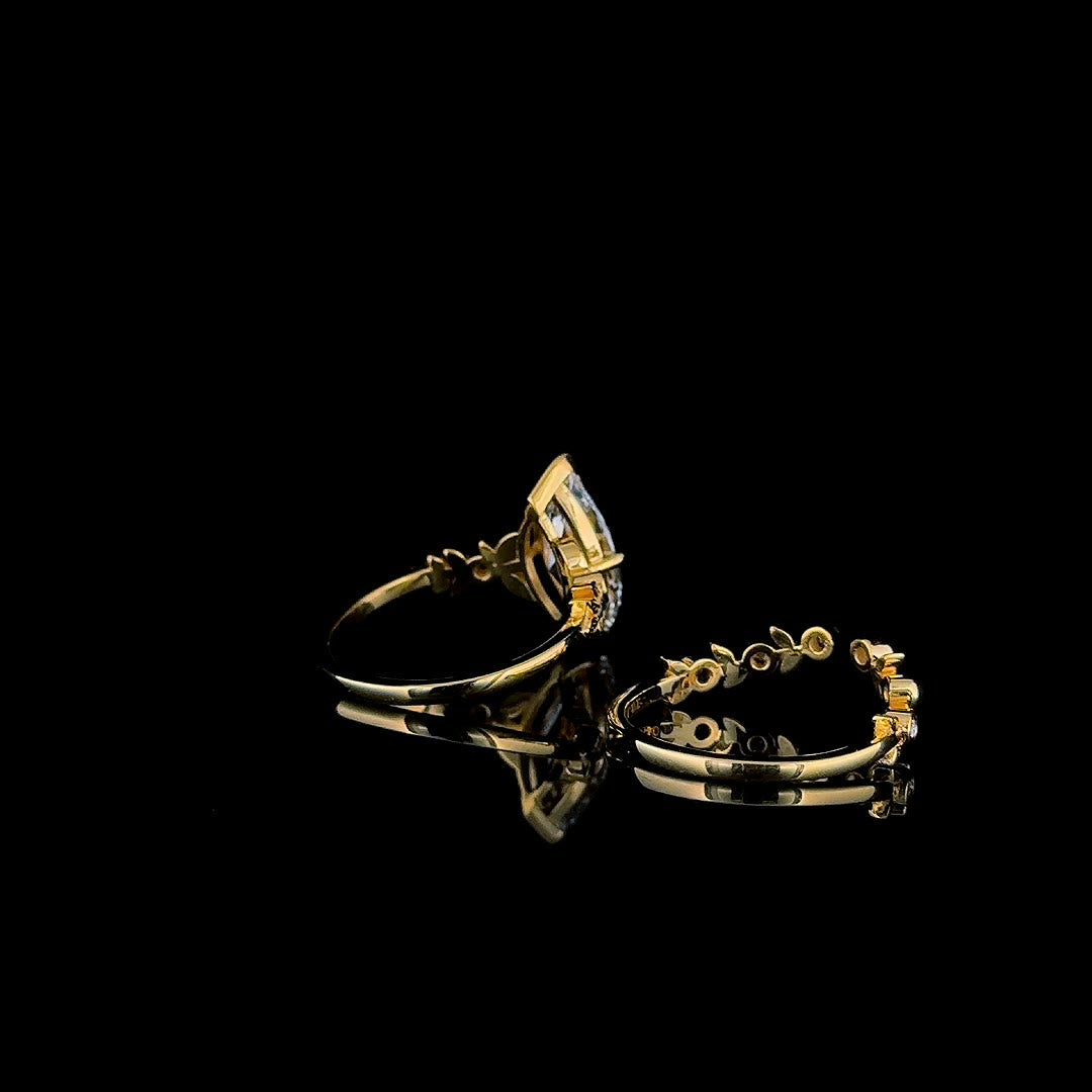 marquise leaf lab diamond ring and band angled view, yellow gold