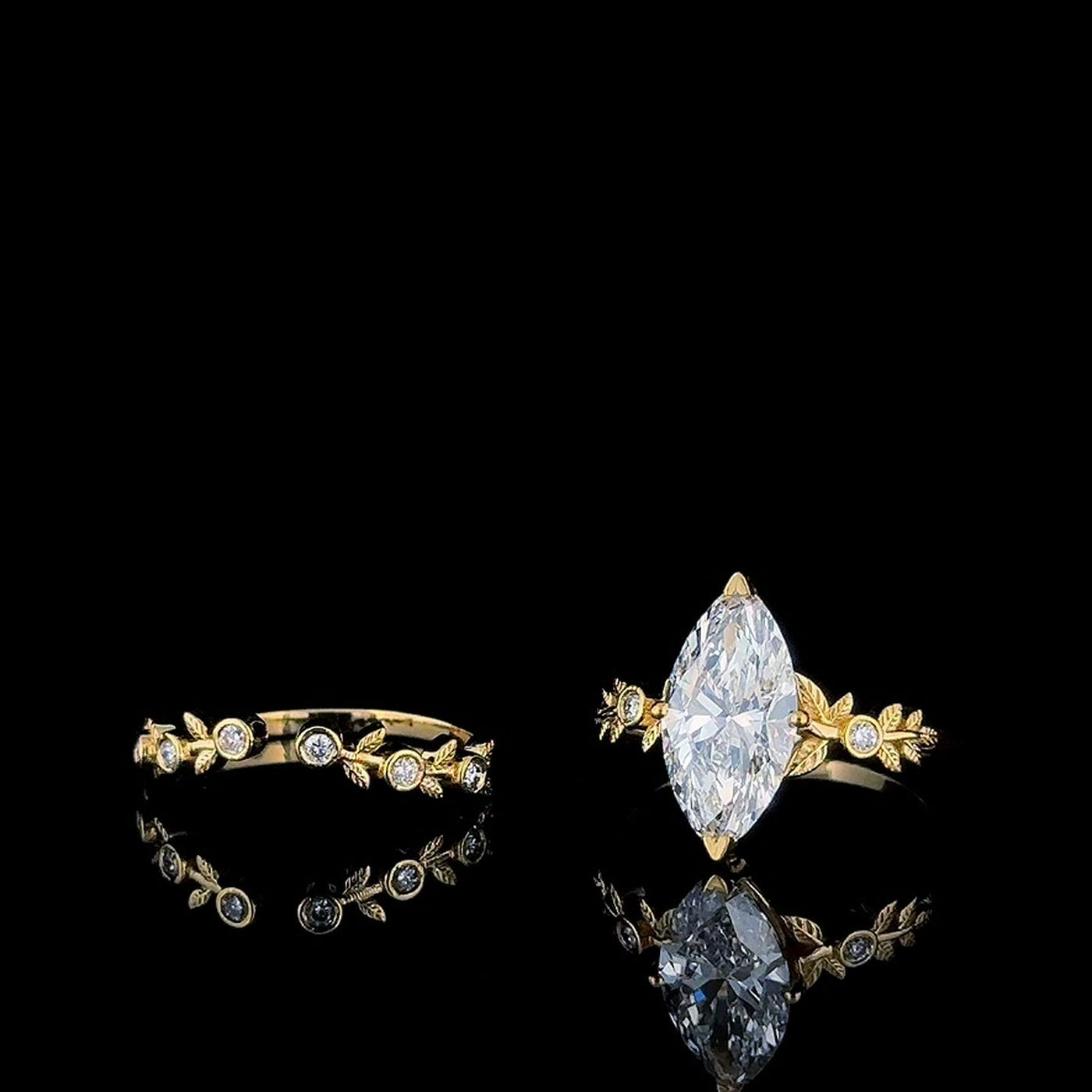 3ct marquise leaf lab grown diamond bridal set, engagement ring and leaf vine band, front view