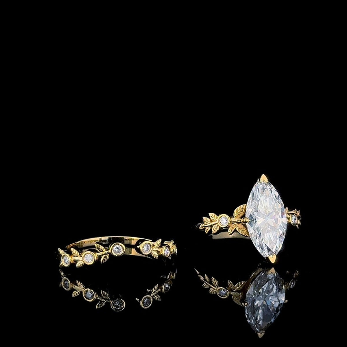marquise leaf lab diamond bridal set three quarter view, both rings