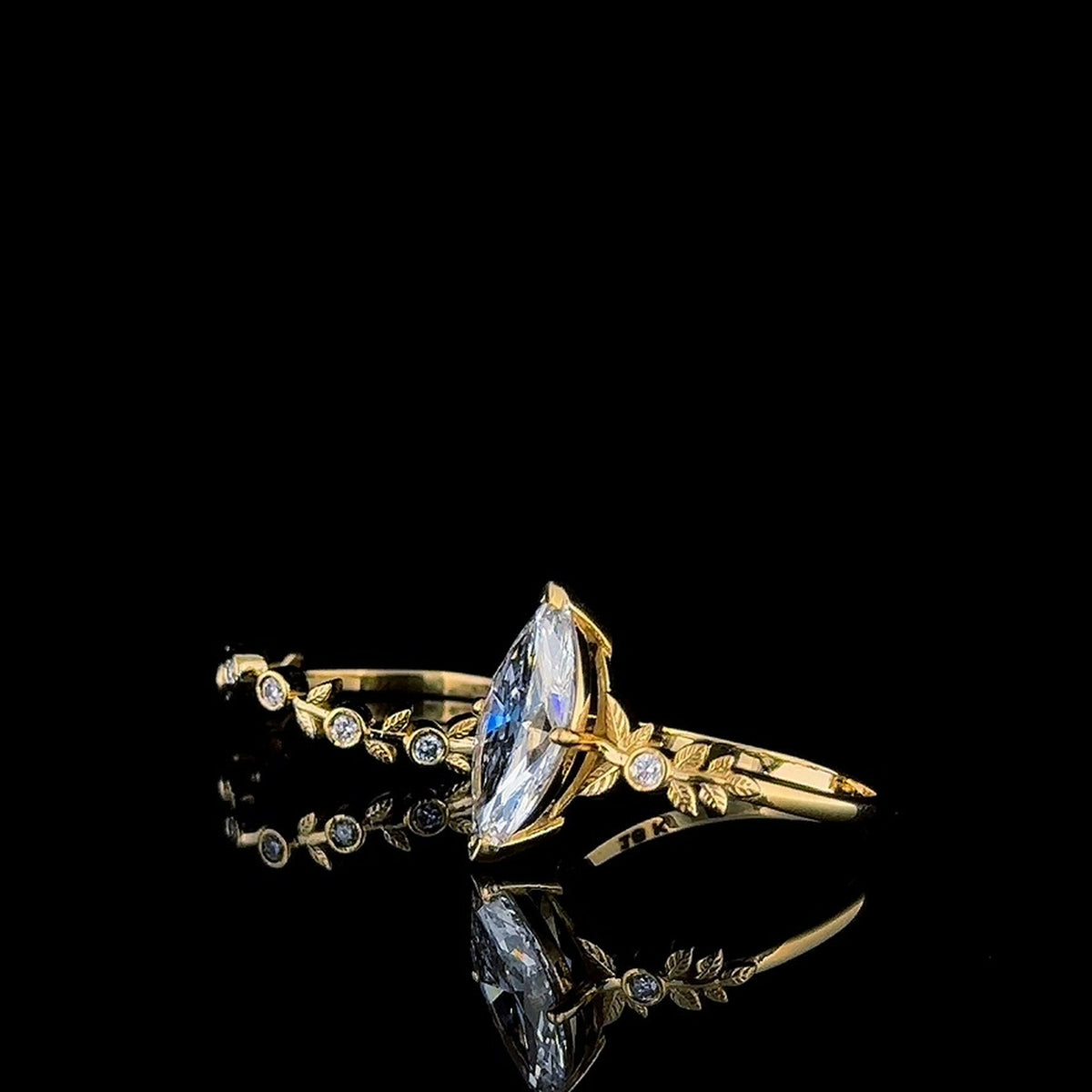 marquise leaf lab diamond ring and vine band, angled view