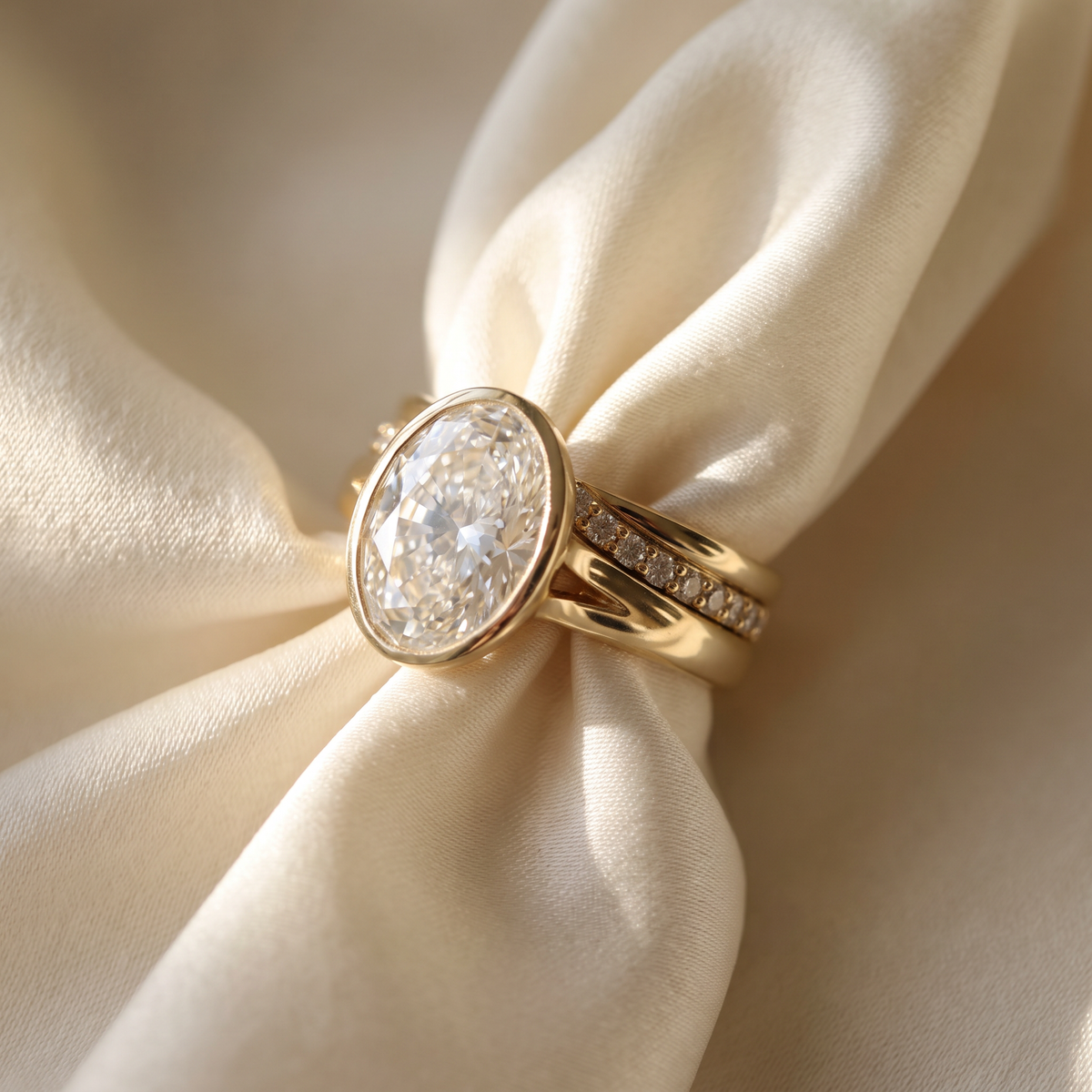 3ct oval bezel lab grown diamond bridal set, 14k yellow gold, ring and band on ivory silk