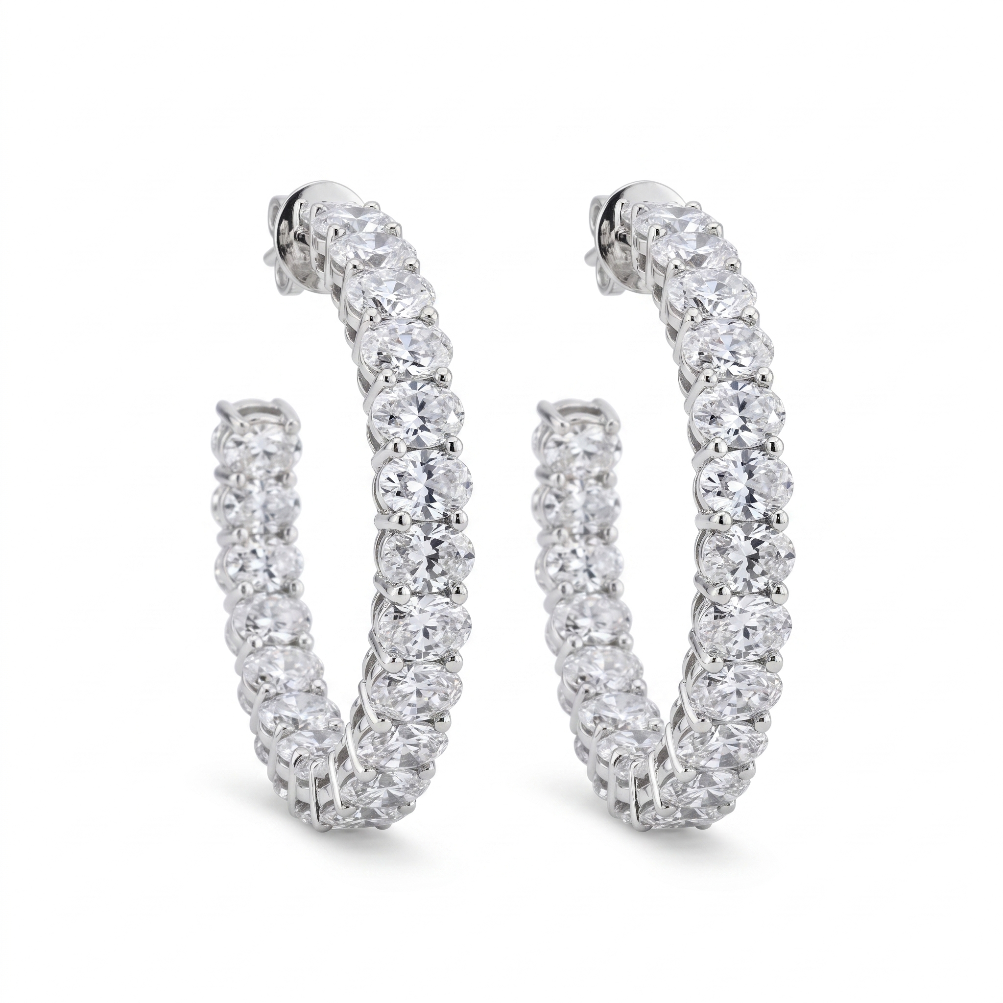 11ctw oval inside out lab grown diamond hoop earrings, white gold, white background close up