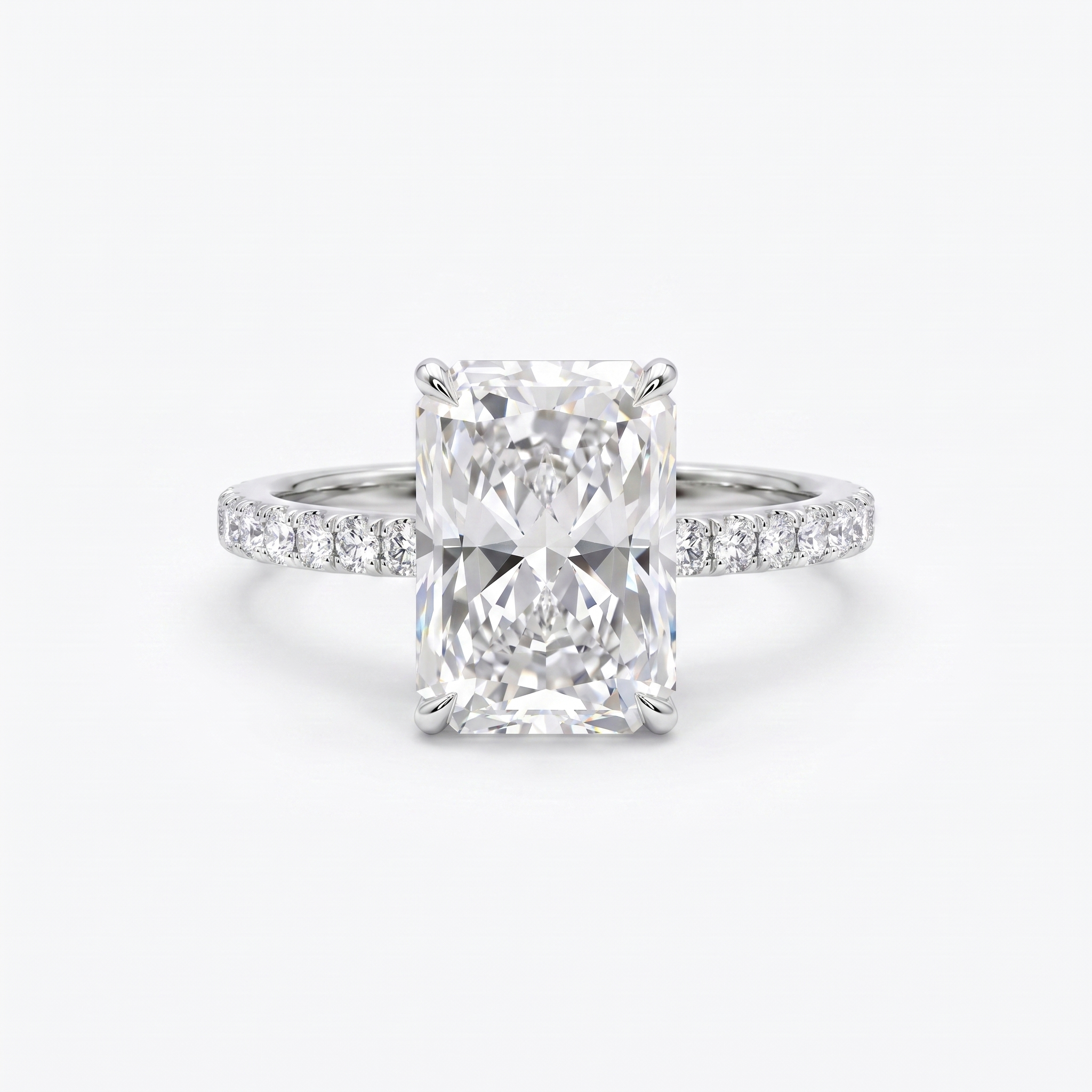 5ct radiant cut lab grown diamond engagement ring, front view on white background