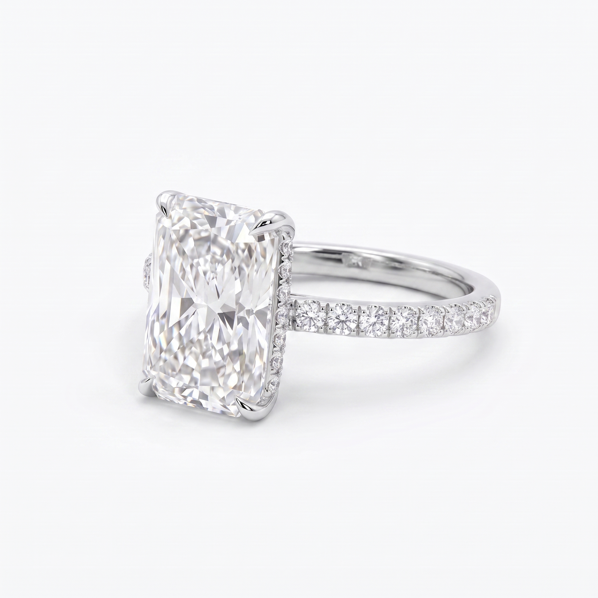 5ct radiant cut lab grown diamond engagement ring, three quarter angle showing the setting profile