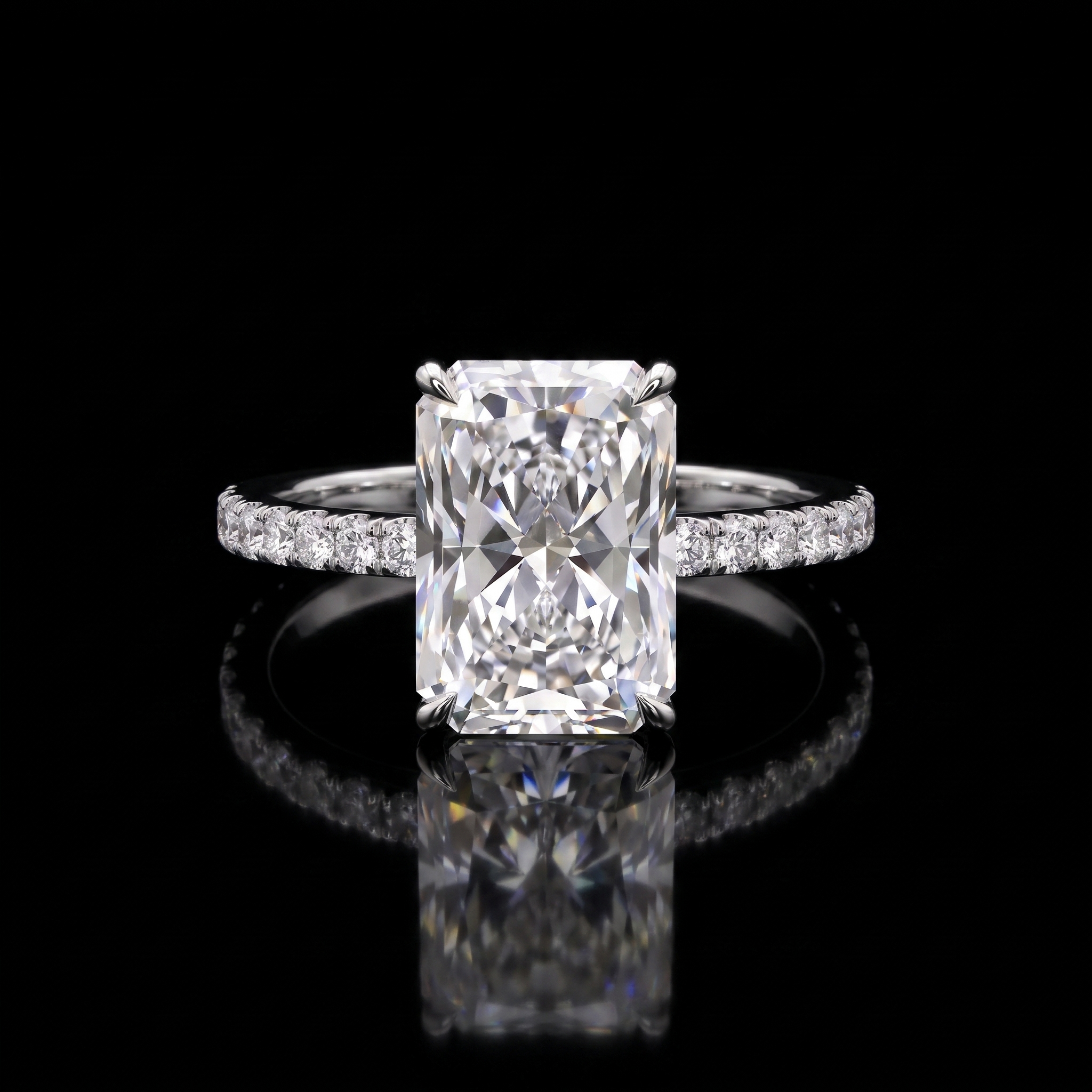 5ct radiant cut lab grown diamond engagement ring on black background with reflection