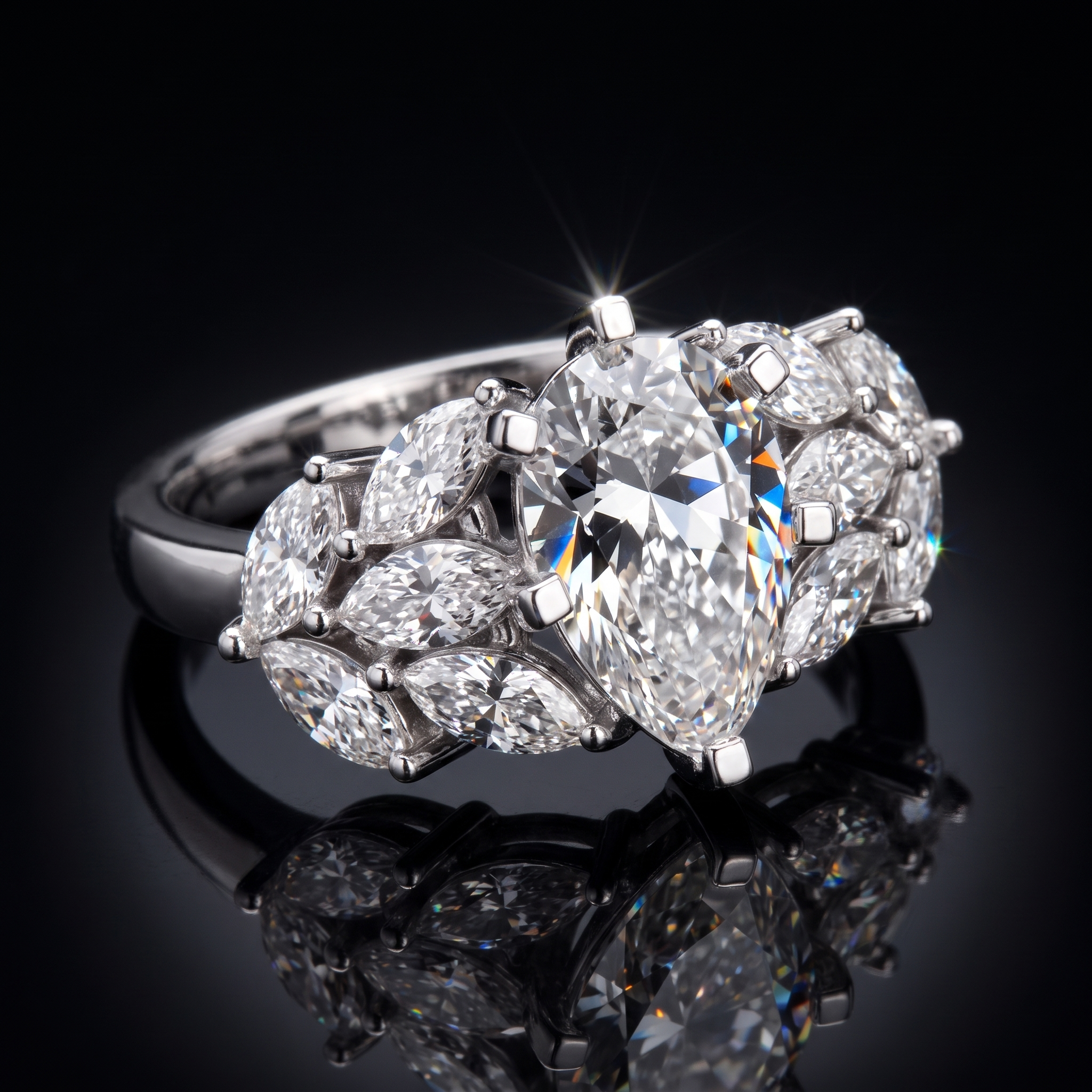 1.90ct pear lab grown diamond engagement ring, on a black background