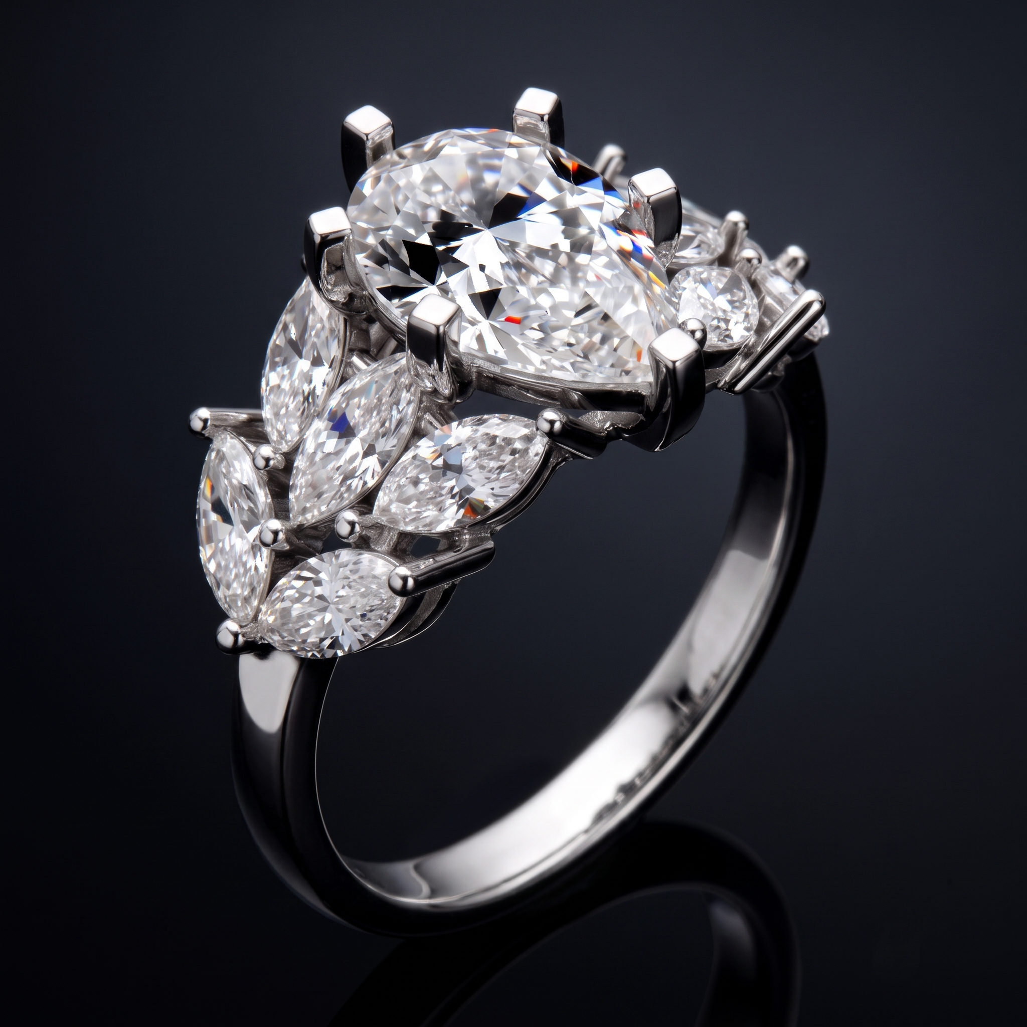 1.90ct pear lab grown diamond engagement ring, on a black background