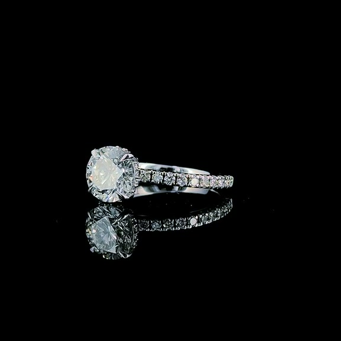 2ct round brilliant lab grown diamond engagement ring on black, front view