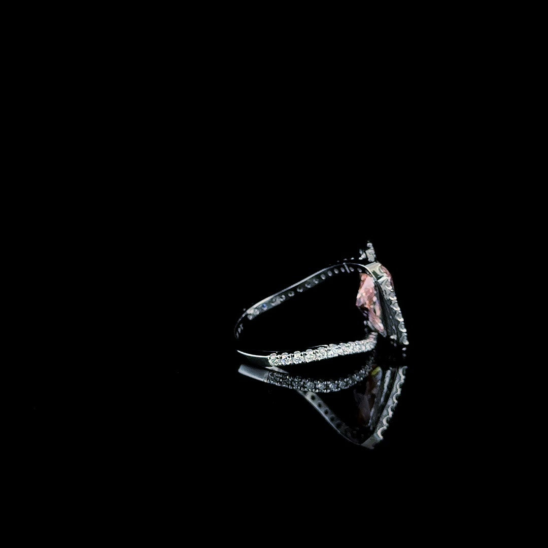 fancy pink radiant lab diamond ring angled view, pave mount