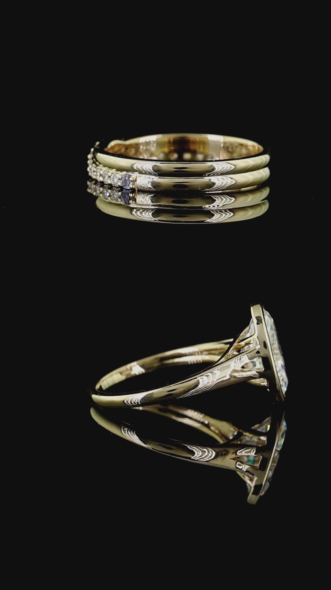 3ct oval bezel lab grown diamond bridal set, 14k yellow gold, 360 degree turntable video