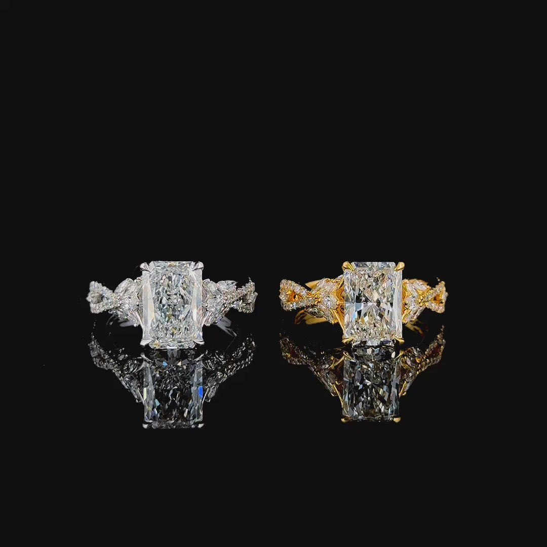 3ct radiant twisted vine lab diamond engagement ring in white and yellow gold, rotating