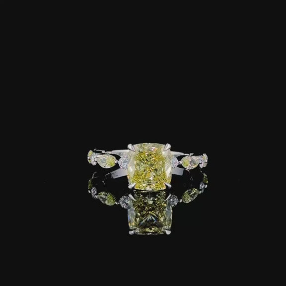 3ct fancy yellow cushion lab grown diamond engagement ring, 360 degree turntable video