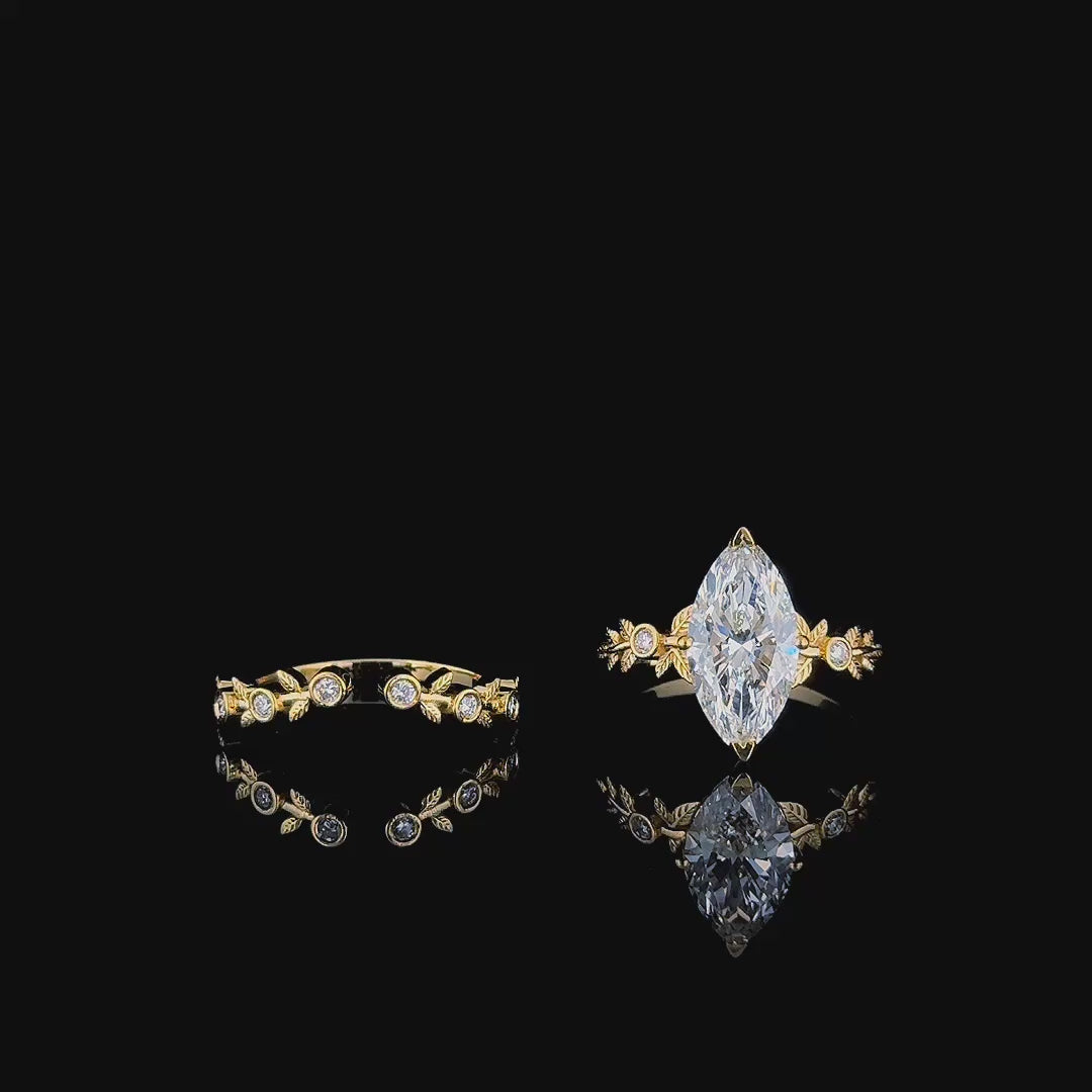 3ct marquise leaf lab grown diamond bridal set rotating, yellow gold