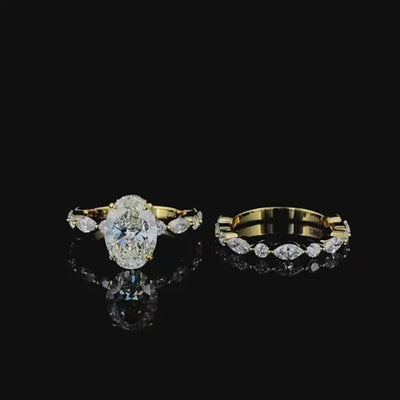 3ct oval lab grown diamond bridal set in yellow gold, 360 degree turntable video