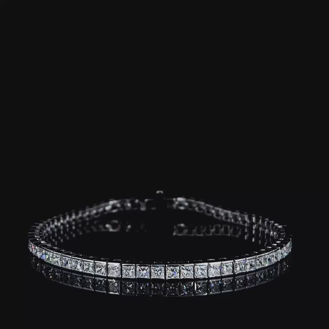 7ctw bezel set princess cut lab grown diamond tennis bracelet, 360 degree turntable video