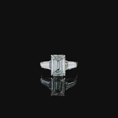 3ct emerald cut lab grown diamond ring with tapered baguettes rotating