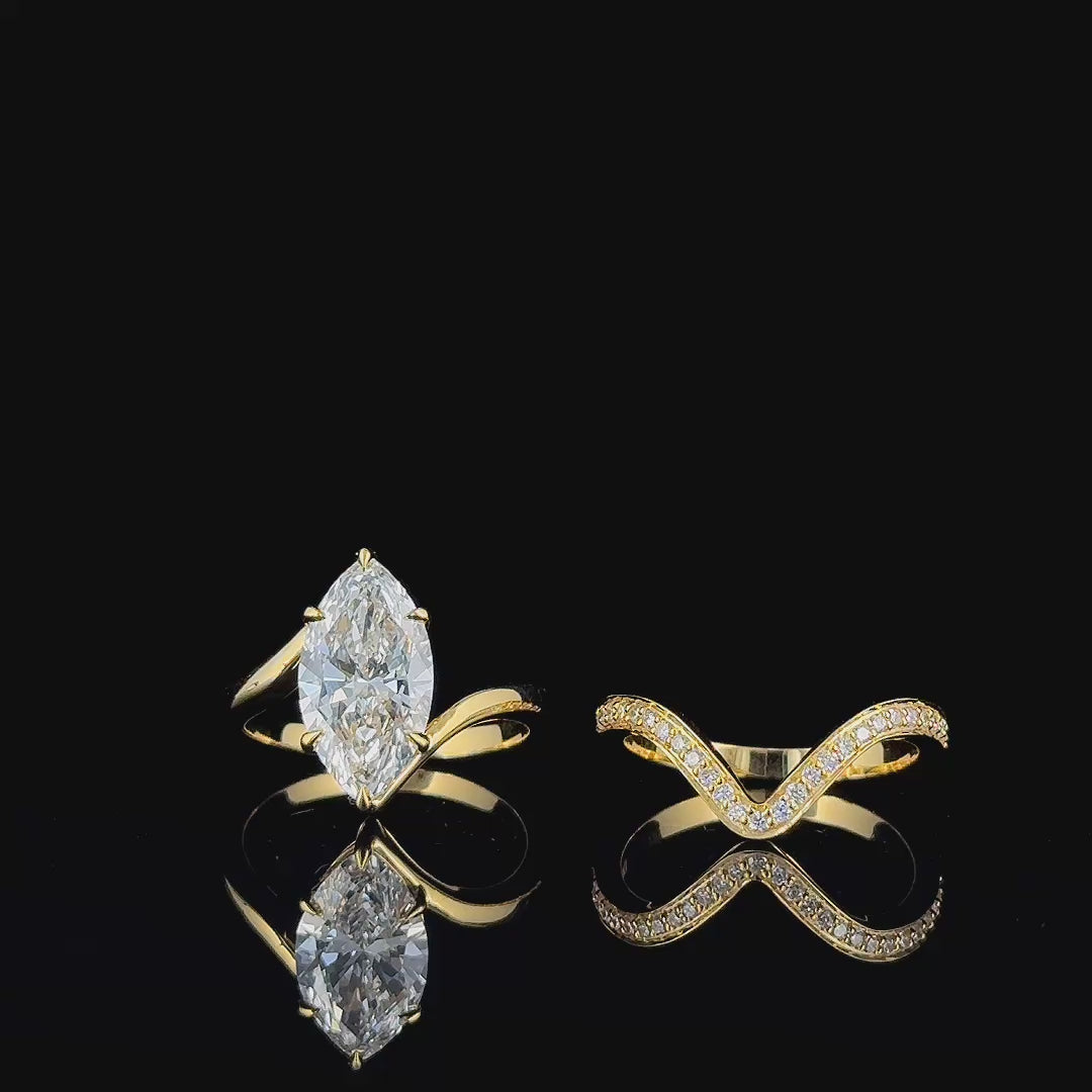 3ct marquise bypass lab diamond ring and chevron band set rotating, yellow gold