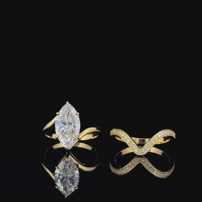 3ct marquise bypass lab diamond ring and chevron band set rotating, yellow gold