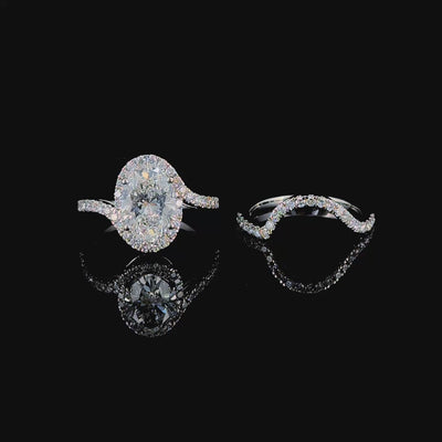 3ct oval halo white gold lab grown diamond bridal set, 360 degree turntable video