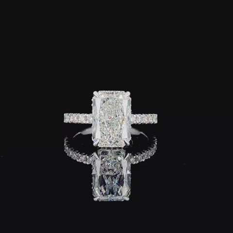 5ct radiant hidden halo lab grown diamond engagement ring rotating on turntable