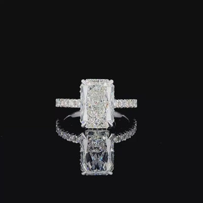 5ct radiant hidden halo lab grown diamond engagement ring rotating on turntable