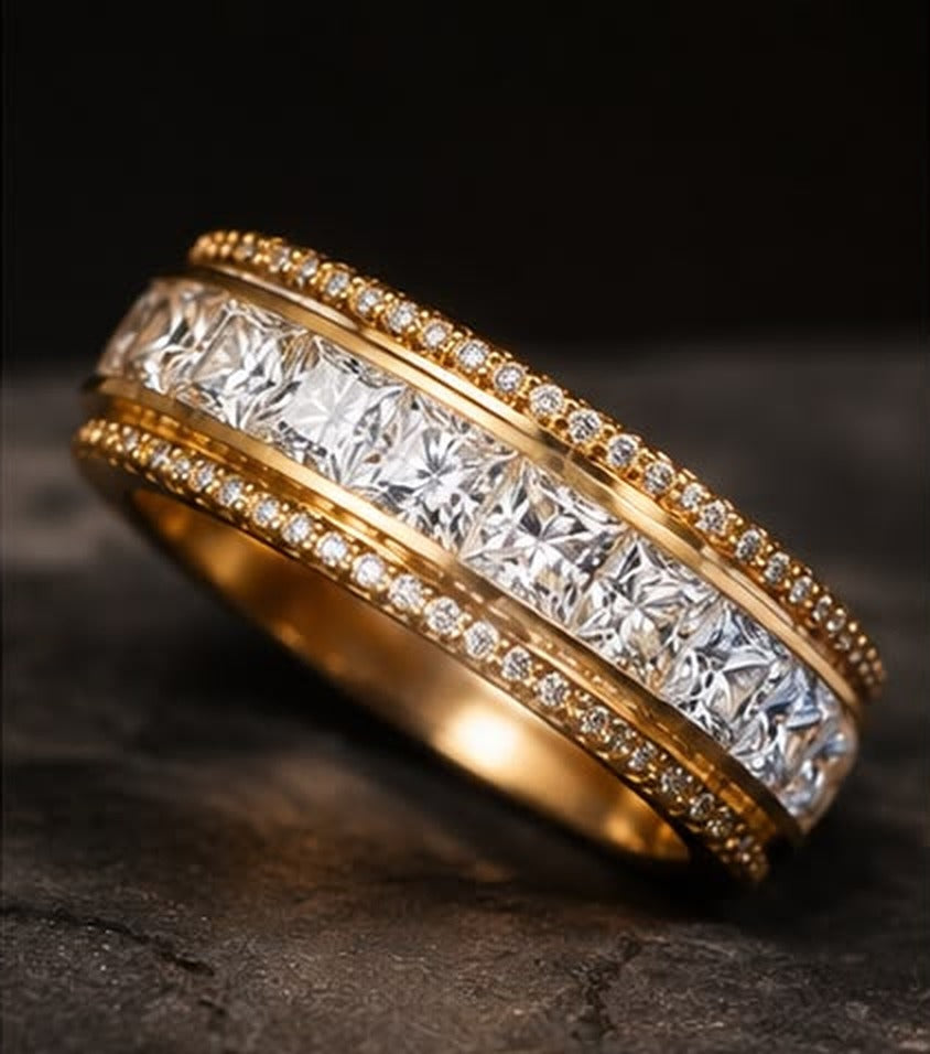 5.5ct princess channel lab grown diamond mens band, pave edge rows, three quarter macro