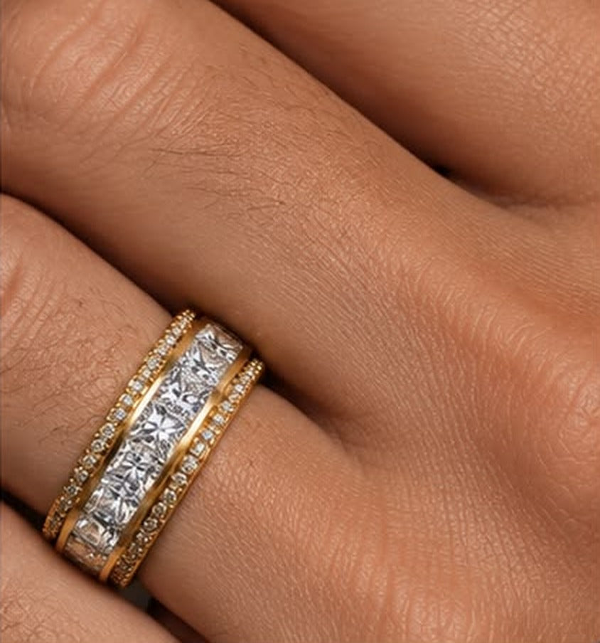 mens 5.5ct princess channel lab diamond band worn on hand, close up