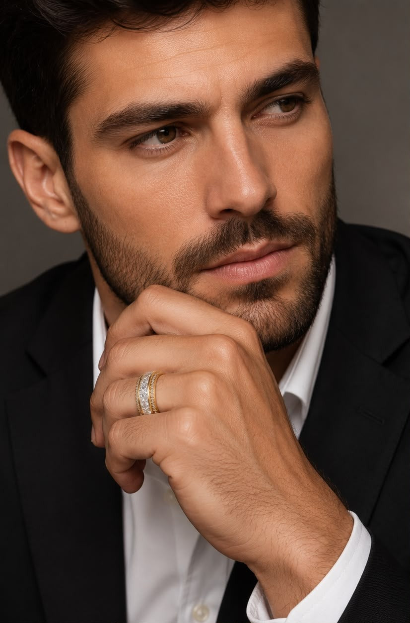 man wearing 5.5ct princess channel lab grown diamond band