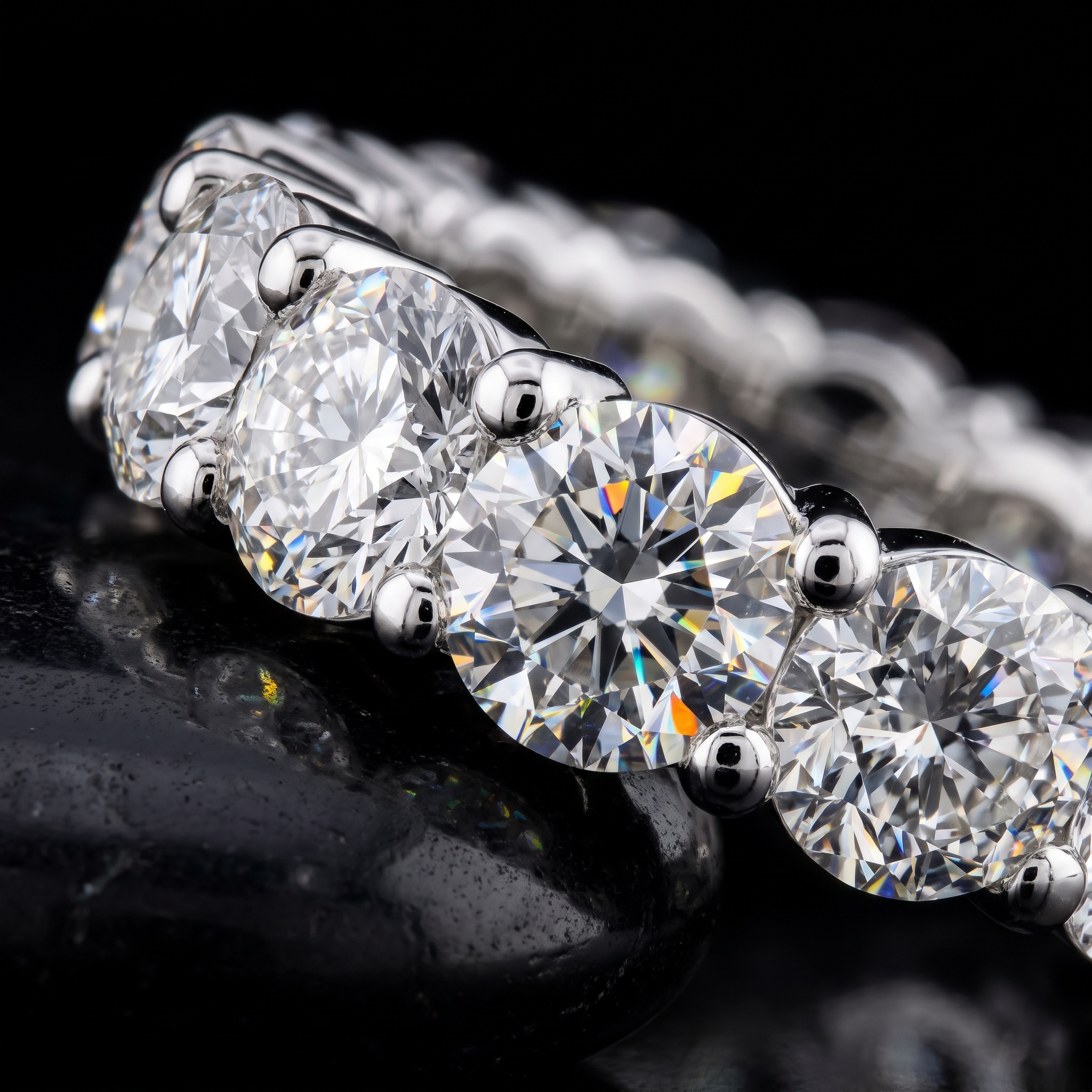 round lab diamond eternity band shared prong macro detail