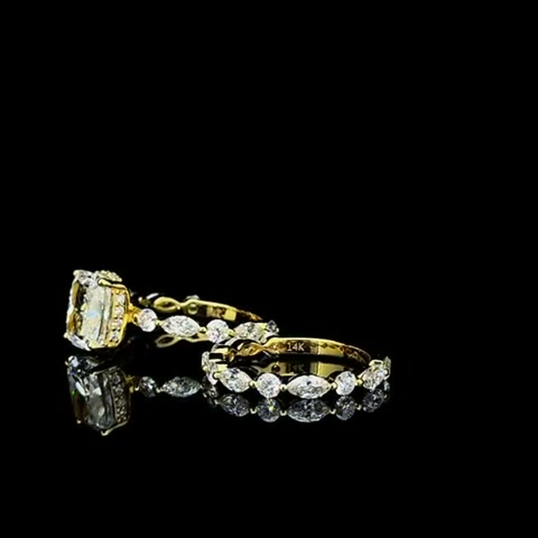3ct radiant cut lab grown diamond bridal set on black, three-quarter view with marquise and round accents