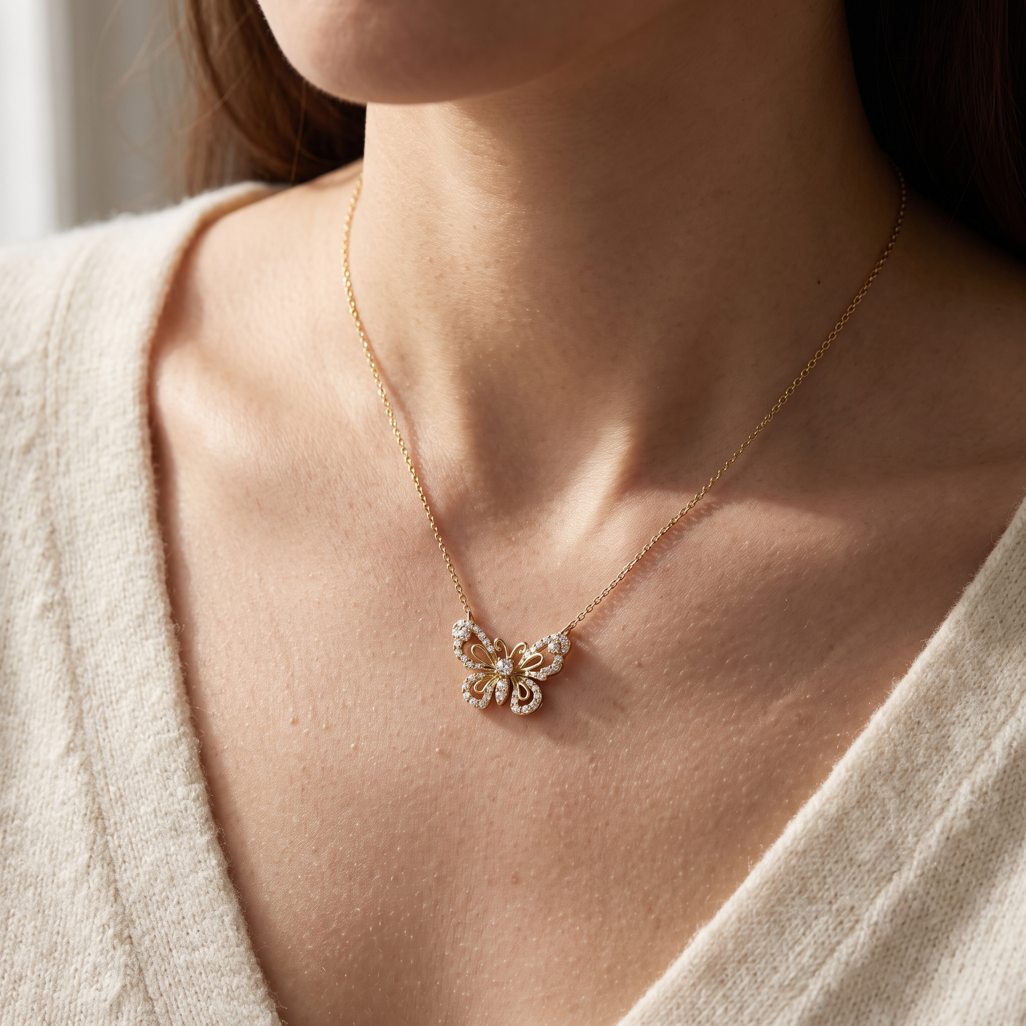 woman wearing 1ct butterfly lab diamond pendant necklace