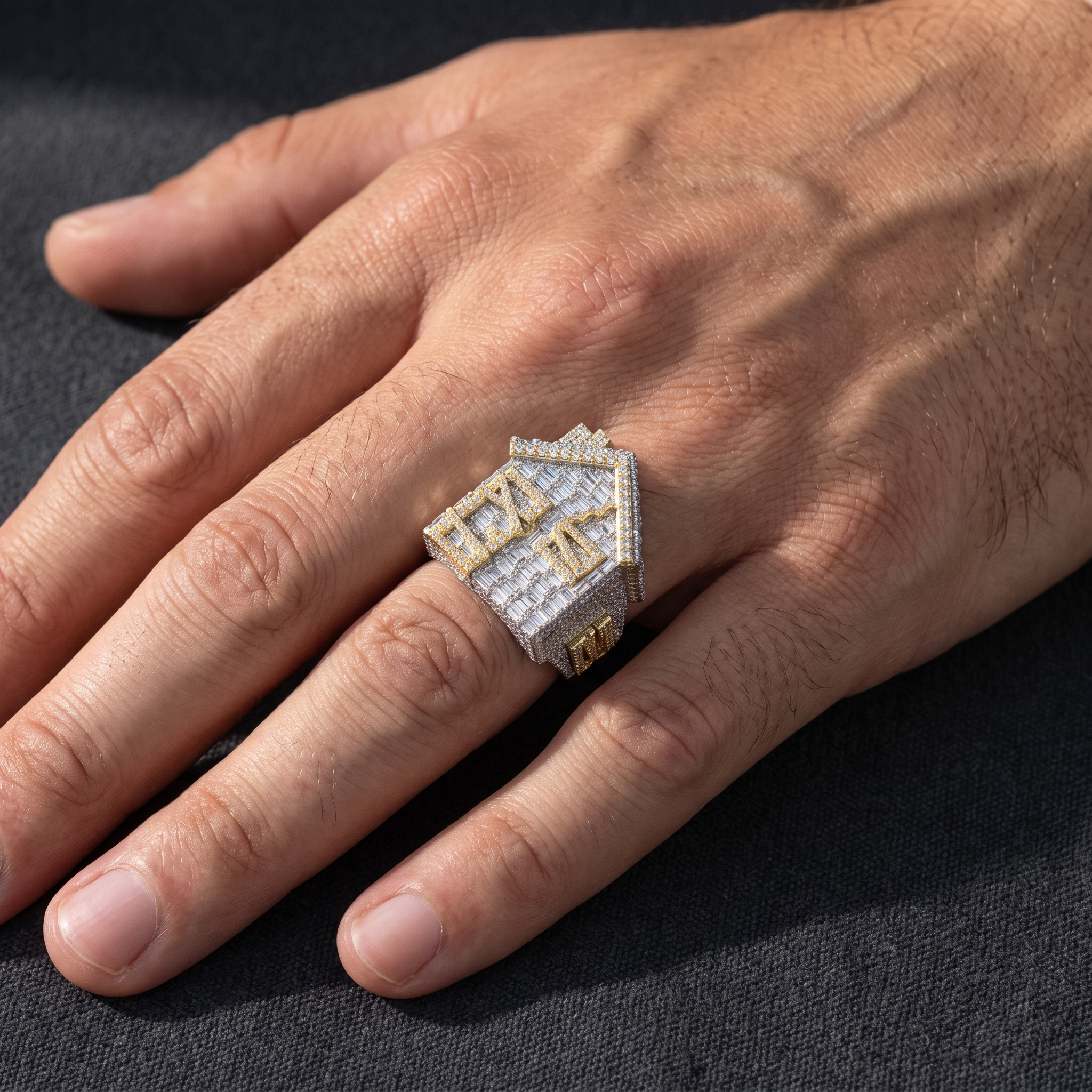 man wearing 6ct baguette lab diamond statement ring