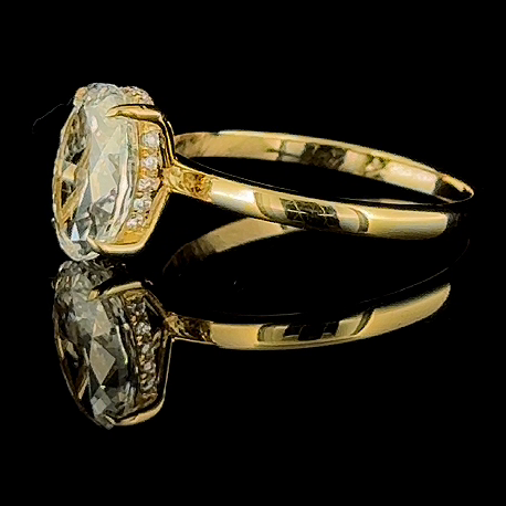 3ct oval lab grown diamond ring, 14k yellow gold, real video still on black, hidden halo under the oval