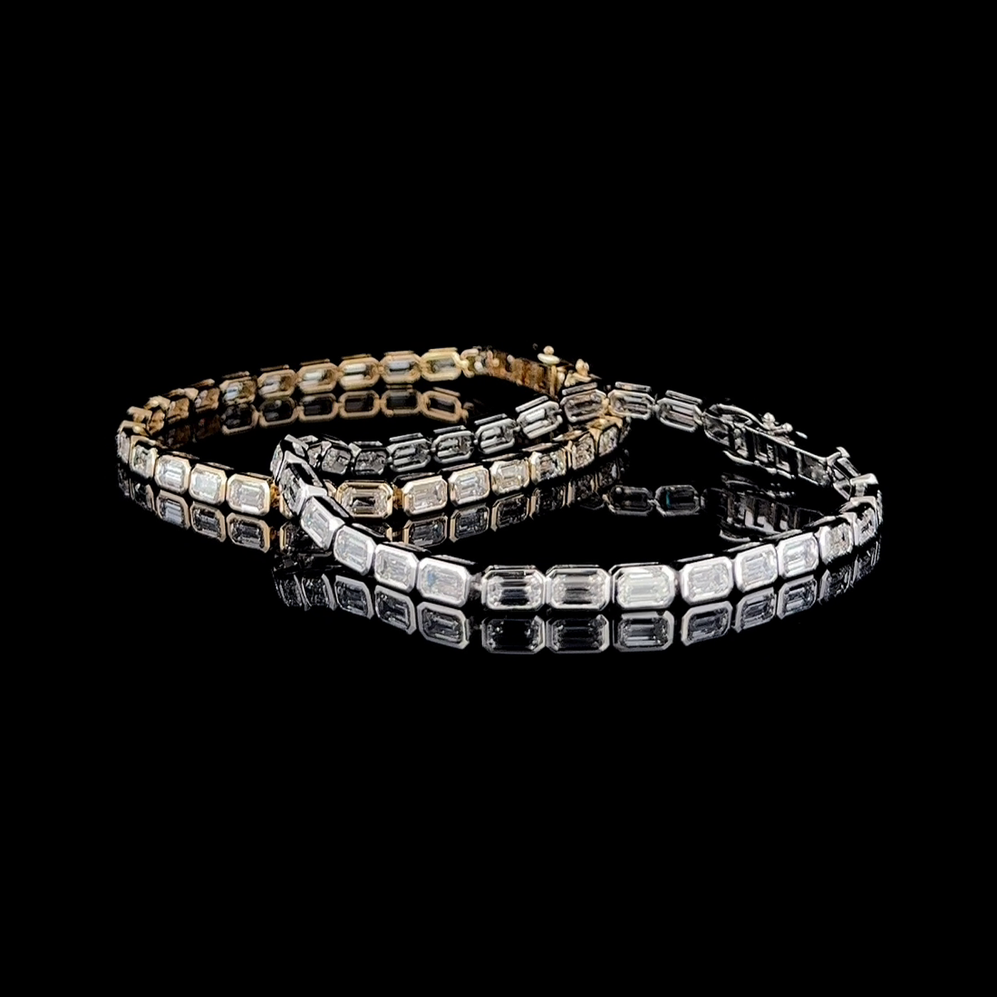 9ct emerald cut lab grown diamond tennis bracelet white and yellow gold, real video frame