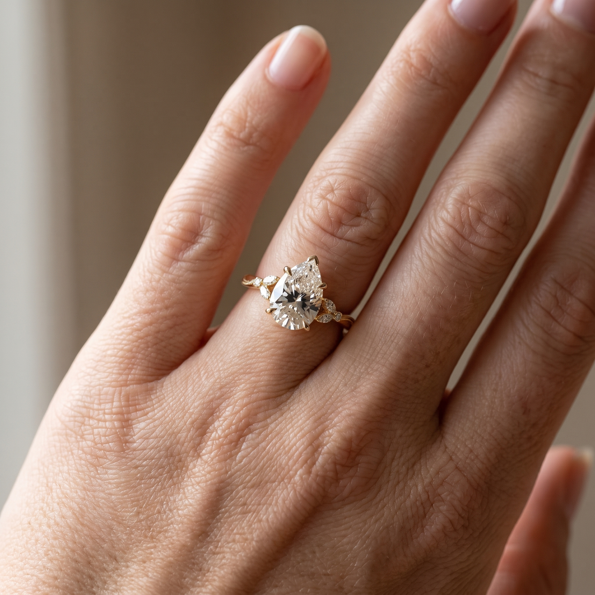 2ct pear nature vine lab grown diamond ring shown worn