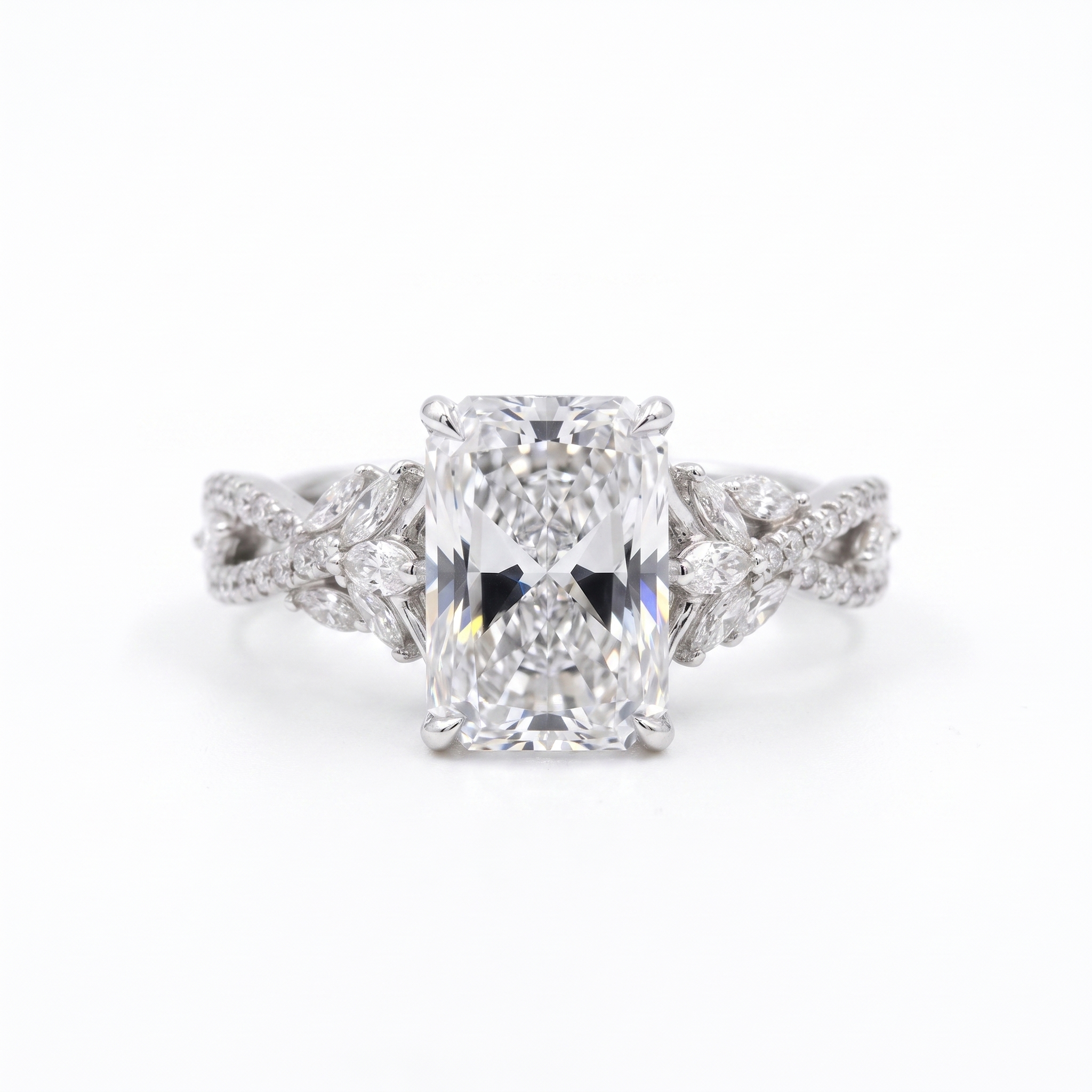 3ct radiant twisted vine lab grown diamond ring, white background