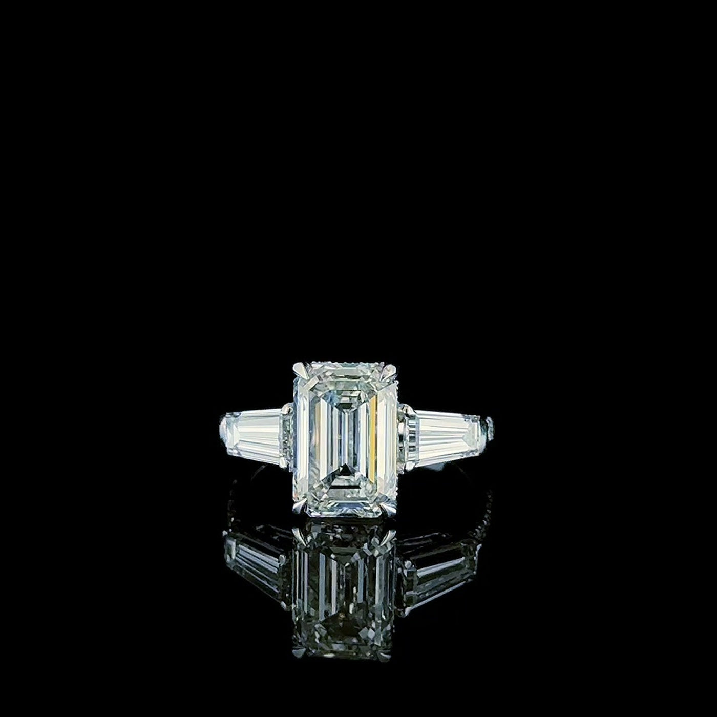 3ct emerald cut lab grown diamond ring with tapered baguette sides, front view