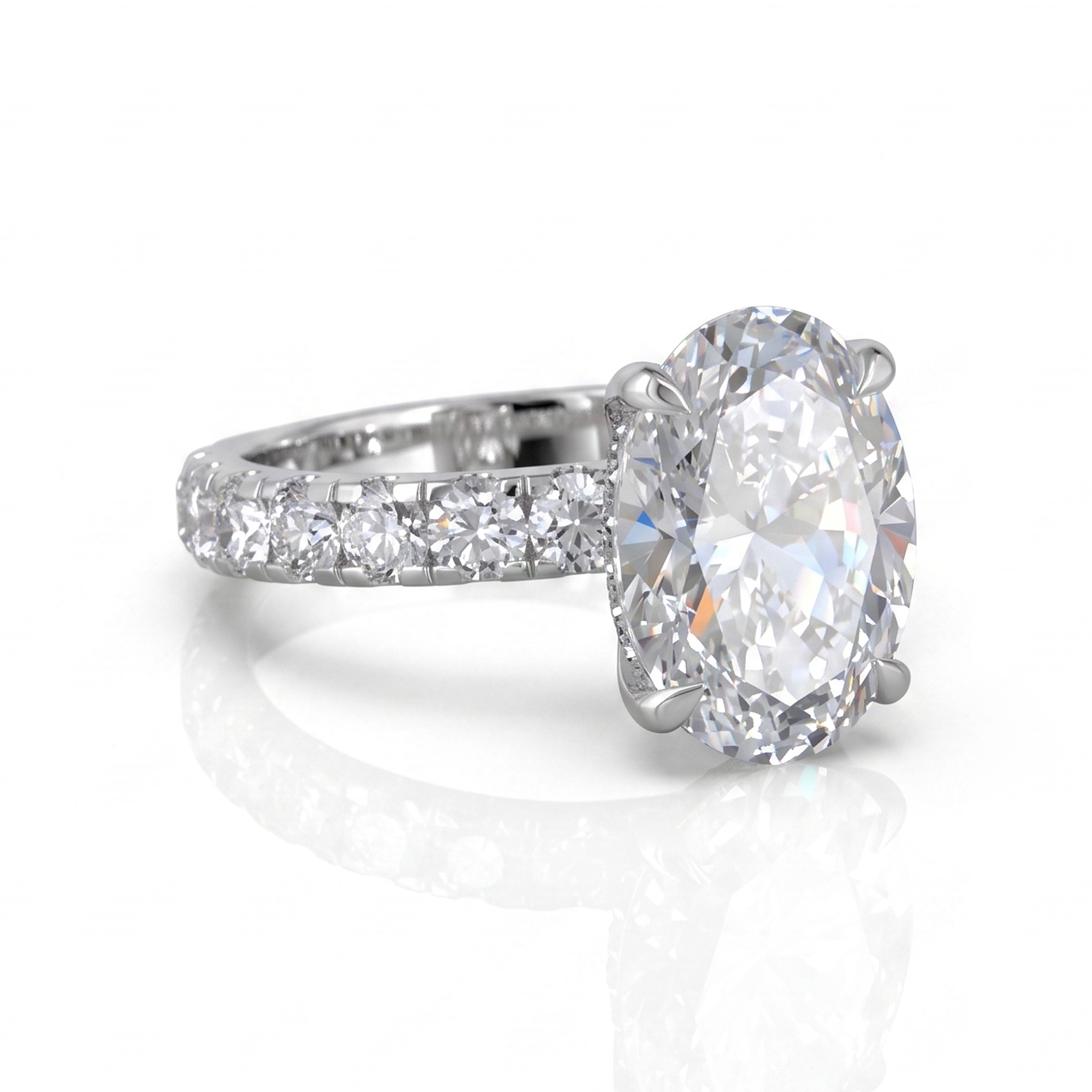 5.1ctw oval cut lab grown diamond engagement ring, front view on a white studio background